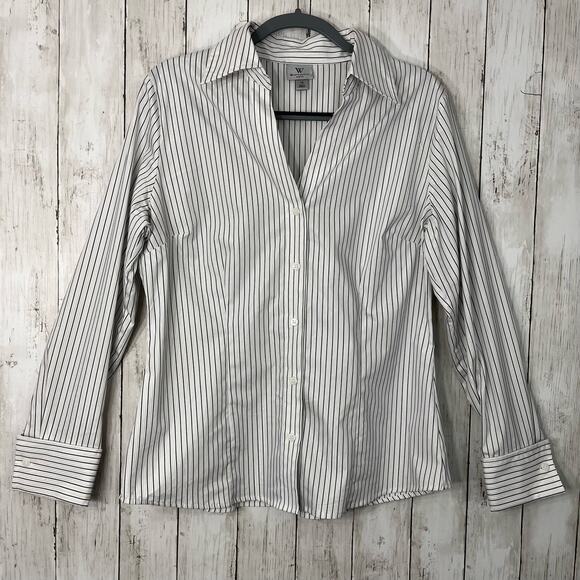 Worthington Long Sleeve Collared Button Up Striped V Neck Work Dressy Shirt 14 - Picture 1 of 8